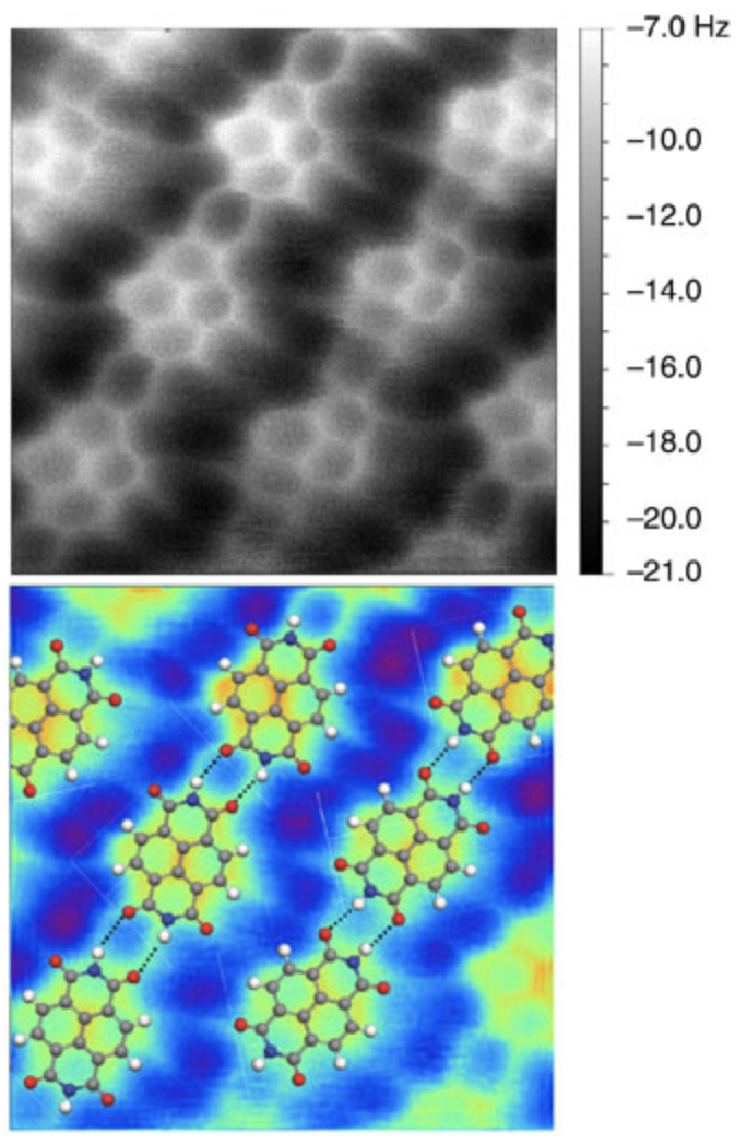 Nanoscale AFM image of organic compound on silver substrate (top) with inferred molecular structure diagrammatically shown (bottom). (wikipedia CC 3.0 https://en.wikipedia.org/wiki/Non-contact_atomic_force_microscopy#/media/File:NTCDI_AFM2.jpg)